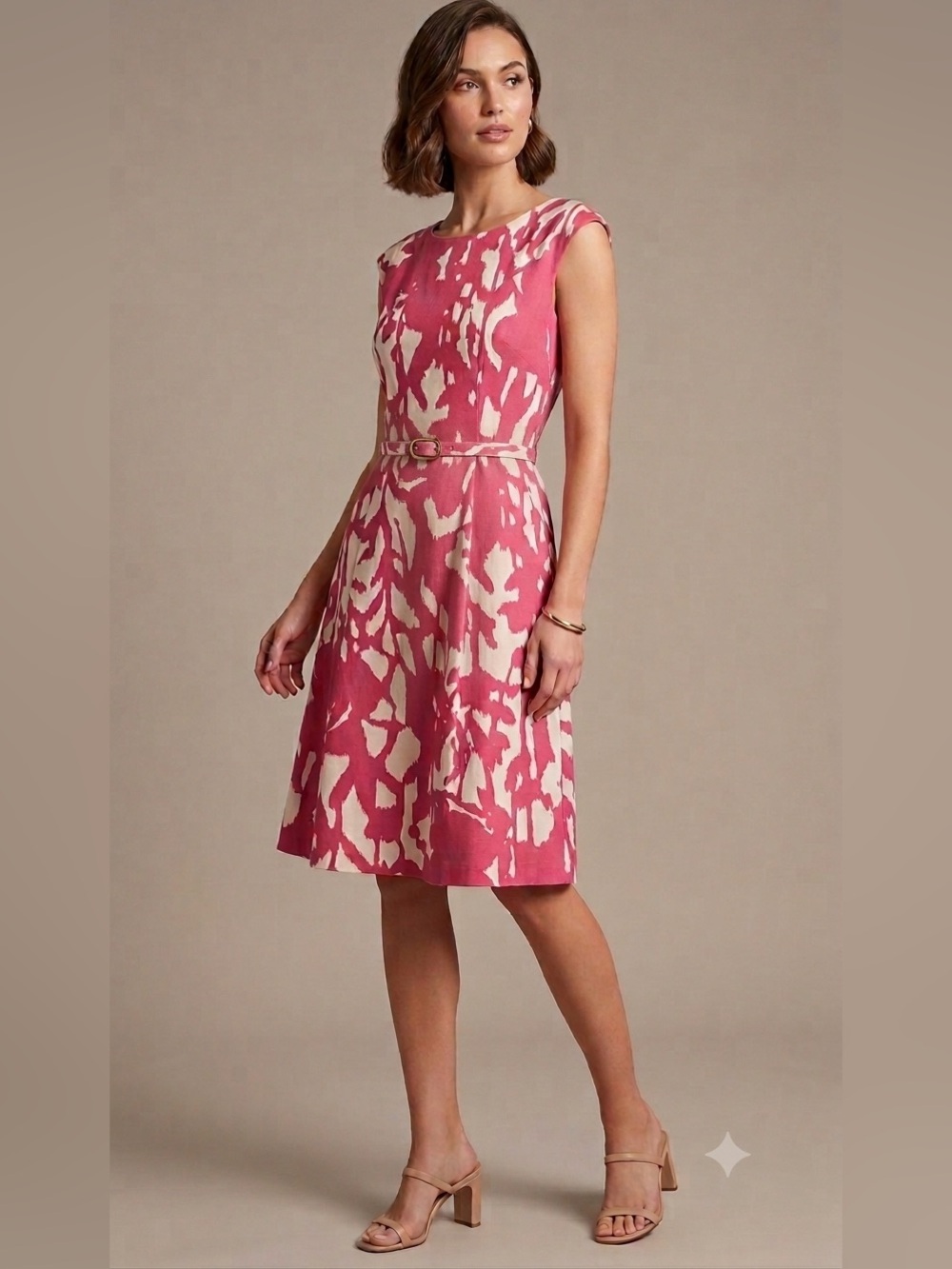 Adrianna Papell Pink and Cream Abstract Print Midi Dress